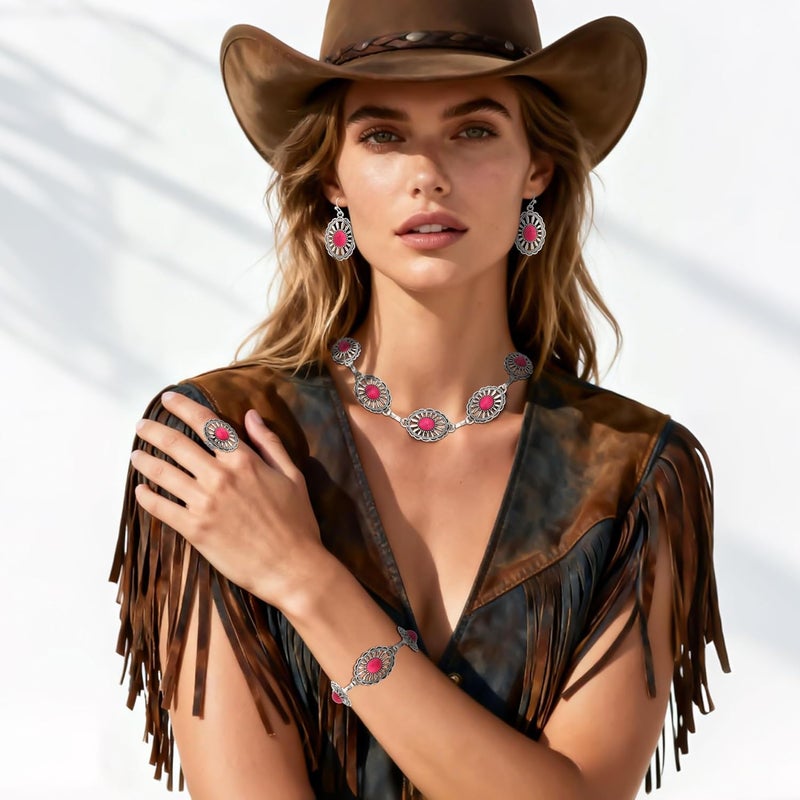 JMScape 4 PCS Western Turquoise Jewelry for Women Boho Vintage Navajo Pearl Necklace Earring Bracelet Ring Set Country Cowgirl Accessories for Gift - Image 2